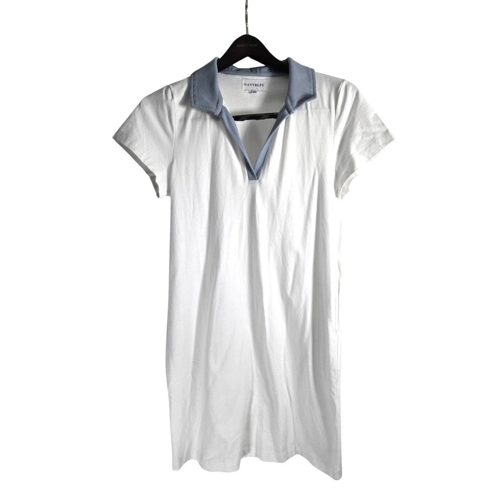 Navybleu Womens Small White Blue Contrast‎ Collar Polo V-Neck Mini Dress S